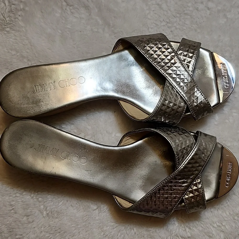 Jimmy Choo Silver Metallic Embossed Leather Panna Cork Slides Size 37.5